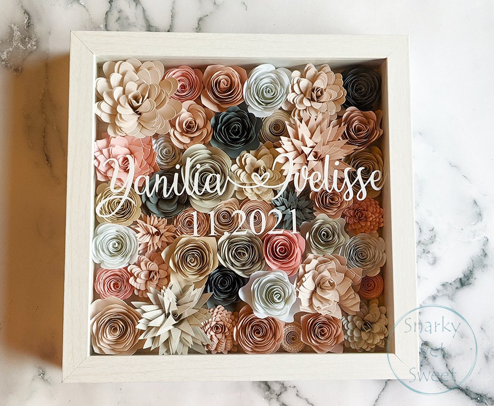 Dusty Rose Couple Names Valentine's rolled paper flower shadow box home decor