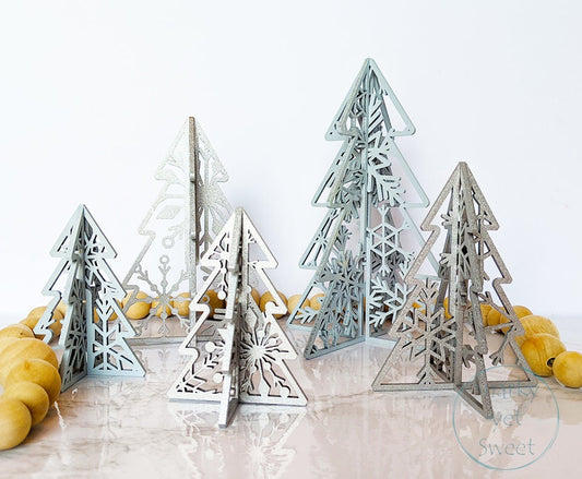 3d laser cut standing wood tree set, home decor, 3d trees, patterned trees, Christmas decor, shelf sitters