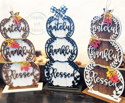 Pumpkin Stack, Stacking Pumpkins, Grateful thankful blessed wood sign, fall decor, Halloween decor, shelf decor, gingham decor, rustic decor