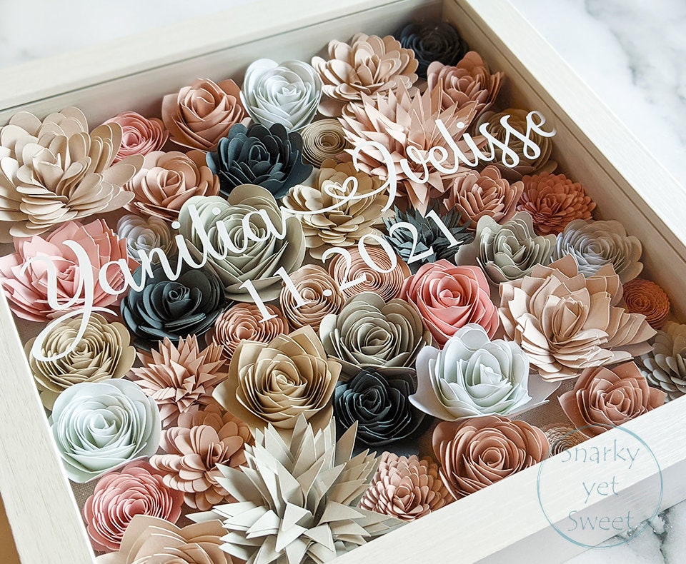 Dusty Rose Couple Names Valentine's rolled paper flower shadow box home decor