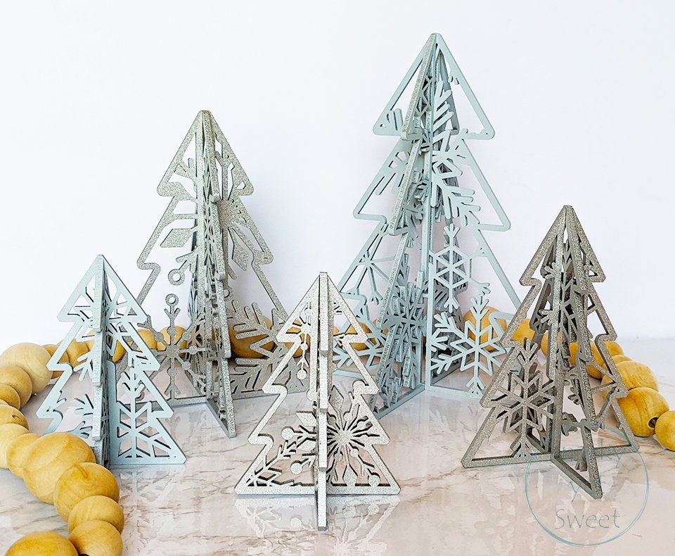 3d laser cut standing wood tree set, home decor, 3d trees, patterned trees, Christmas decor, shelf sitters