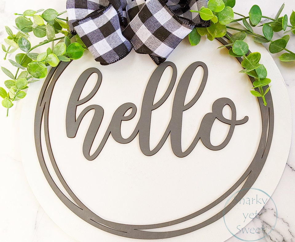 Hello door hanger, hello wreath, hello circle sign, farmhouse door hanger, farmhouse door decor, buffalo plaid door sign