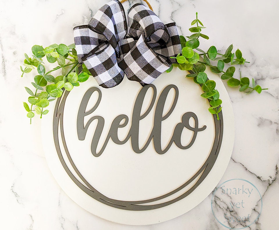Hello door hanger, hello wreath, hello circle sign, farmhouse door hanger, farmhouse door decor, buffalo plaid door sign