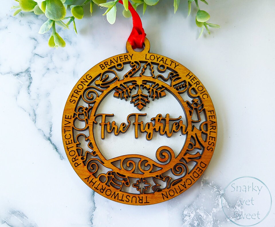 Fire fighter layered ornament, fire fighter ornament, fireman ornament, personalized ornament, unique wood ornament, laser cut ornament