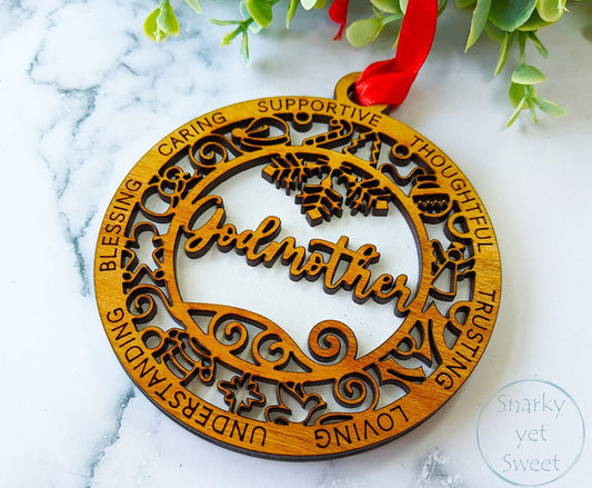 Godmother layered ornament, godmother ornament, godparent ornament, personalized ornament, unique wood ornament, laser cut ornament