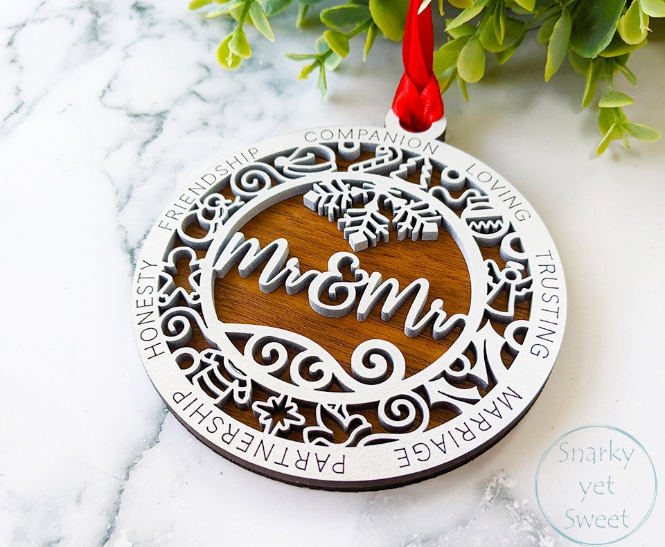 Mr & Mr layered ornament, spouse ornament, husband ornament, personalized ornament, unique wood ornament, laser cut ornament
