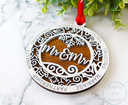 Mr & Mr layered ornament, spouse ornament, husband ornament, personalized ornament, unique wood ornament, laser cut ornament
