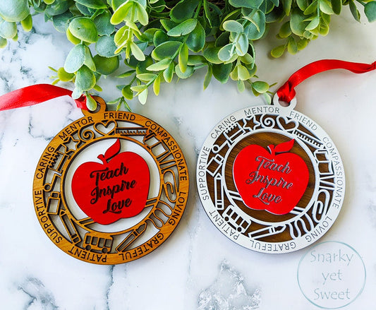 Teacher layered ornament, teacher ornament, teach love inspire ornament, personalized ornament, unique wood ornament, gift for teacher