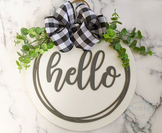 Hello door hanger, hello wreath, hello circle sign, farmhouse door hanger, farmhouse door decor, buffalo plaid door sign