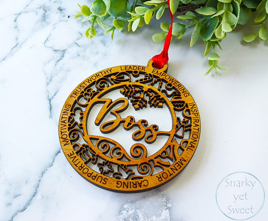 Boss layered ornament, boss ornament, corporate ornament, personalized ornament, unique wood ornament, laser cut ornament, gift for boss