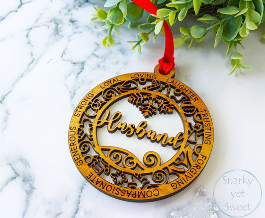 Husband layered ornament, husband ornament, spouse ornament, personalized ornament, unique wood ornament, laser cut ornament
