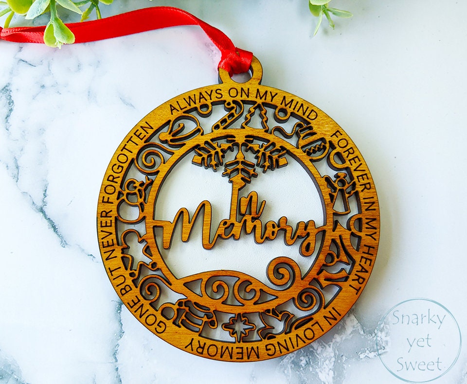 In memory layered ornament, memorial ornament, in memorial ornament, personalized ornament, unique wood ornament, laser cut ornament