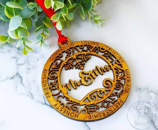 Mr & Mrs layered ornament, spouse ornament, wedding ornament, personalized ornament, unique wood ornament, laser cut ornament, new couple