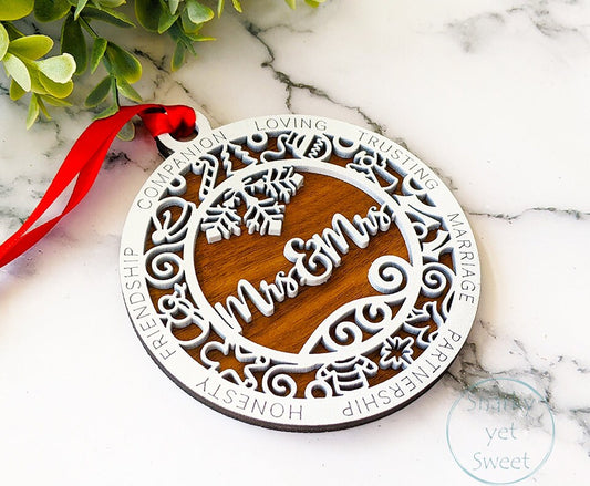 Mrs & Mrs layered ornament, spouse ornament, wife ornament, personalized ornament, unique wood ornament, laser cut ornament