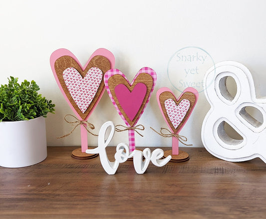 Triple standing hearts home decor, set of 3 standing hearts, Valentine's Day decor, valentines decor, patterned wood hearts, gift for her