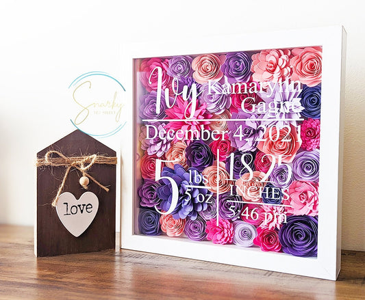 Birth stats paper flower shadow box, nursery decor, baby gift, birth stats sign, nursery paper flower wall decor, birth stats shadow box