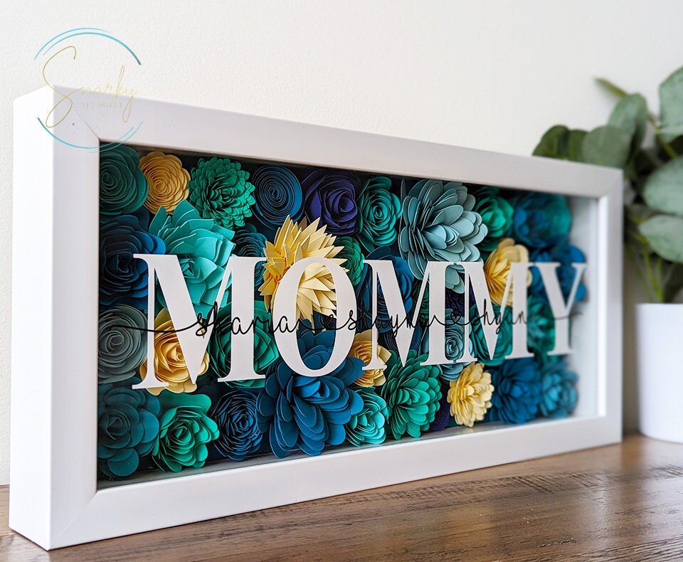 Paper flower shadow box, gift for mom, gift for grandma, mothers day shadow box, gift for mothers day, gift for wife mothers day, kid names