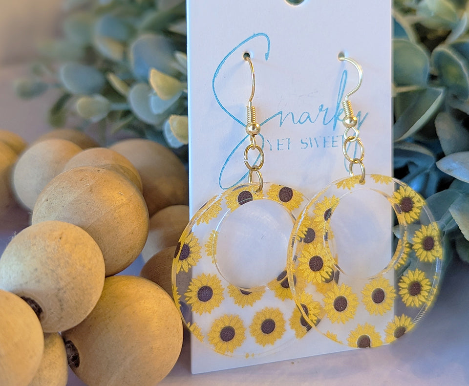 Sunflower dangle earring, Spring earrings, acrylic earrings, printed earrings, sunflower gift, lightweight earrings, everyday earring