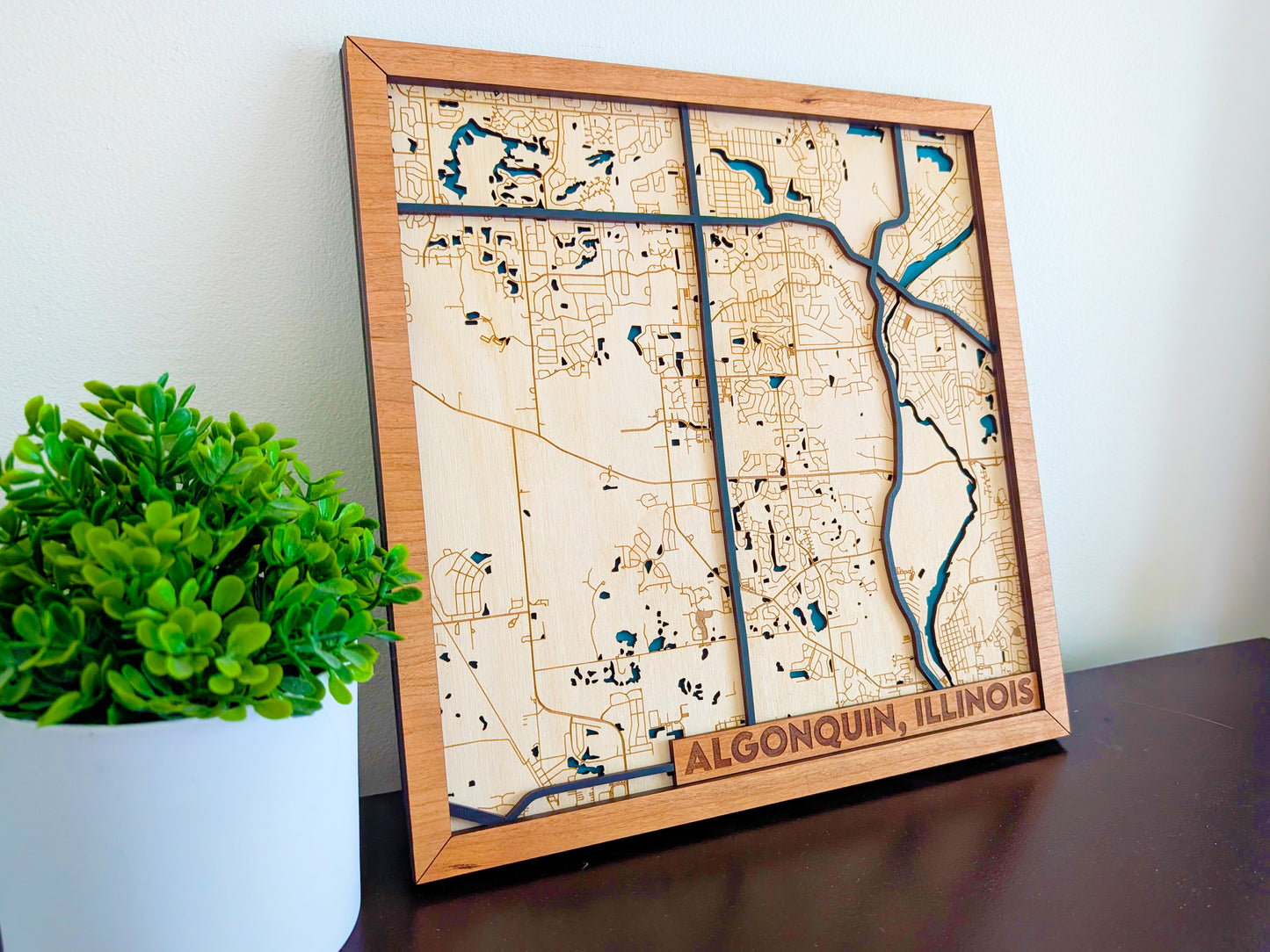 Algonquin City Map Wall Art | Detailed Downtown Streets | Layered Wood Map