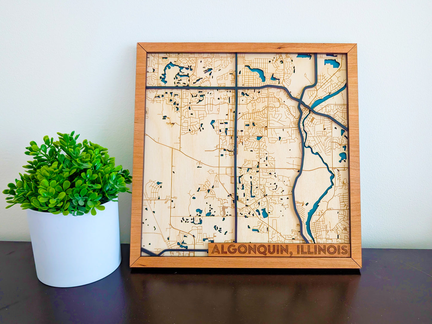 Algonquin City Map Wall Art | Detailed Downtown Streets | Layered Wood Map