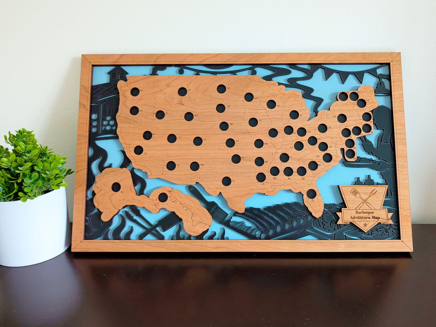50 States Barbecue Adventure Map | Wooden BBQ Travel Tracker