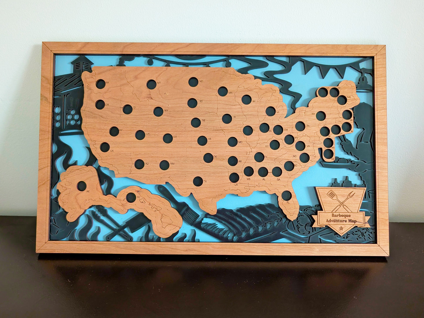 50 States Barbecue Adventure Map | Wooden BBQ Travel Tracker