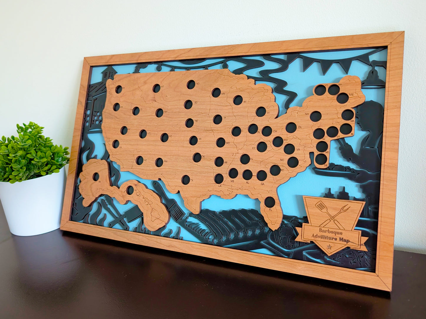 50 States Barbecue Adventure Map | Wooden BBQ Travel Tracker