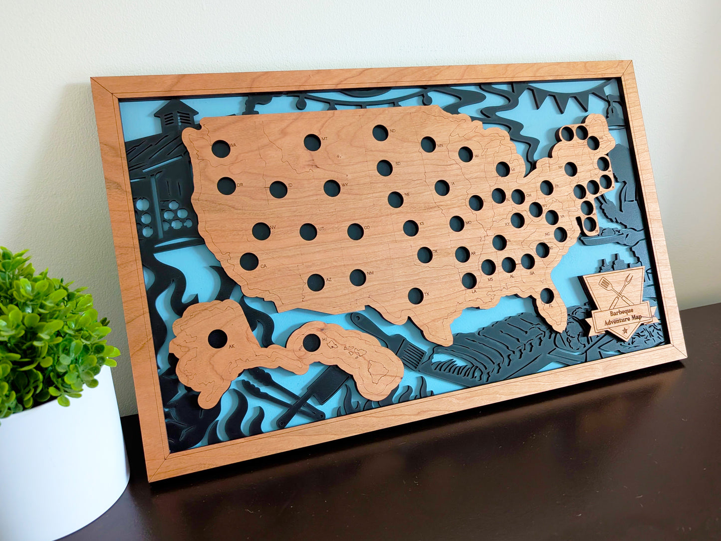 50 States Barbecue Adventure Map | Wooden BBQ Travel Tracker