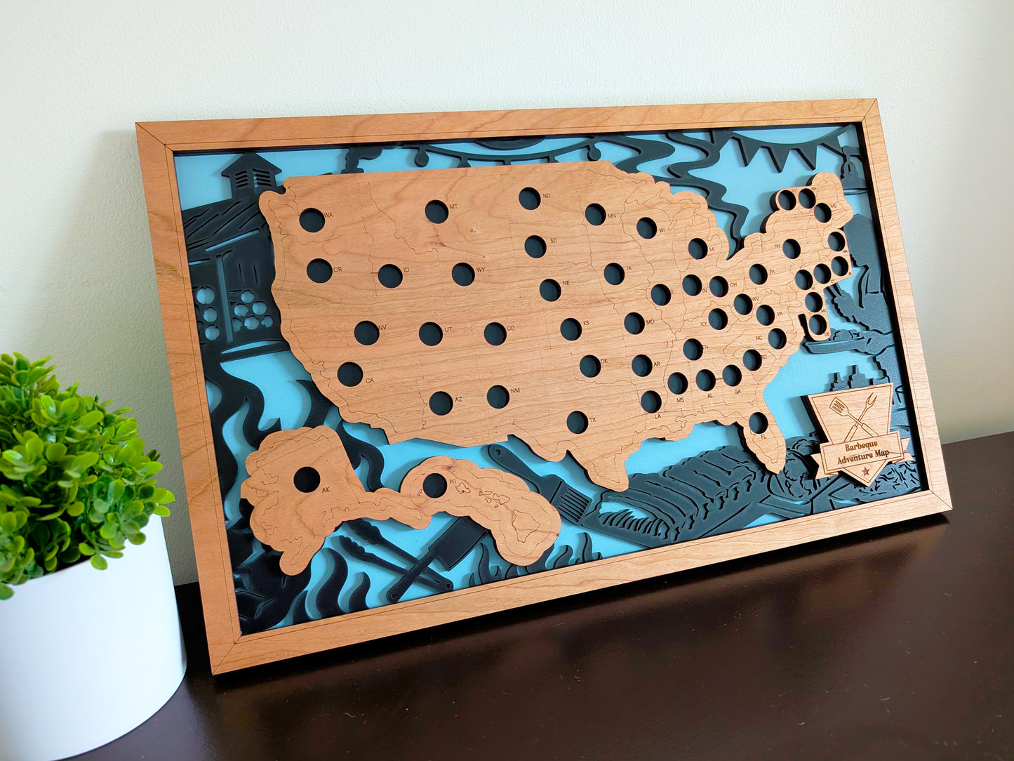50 States Barbecue Adventure Map | Wooden BBQ Travel Tracker