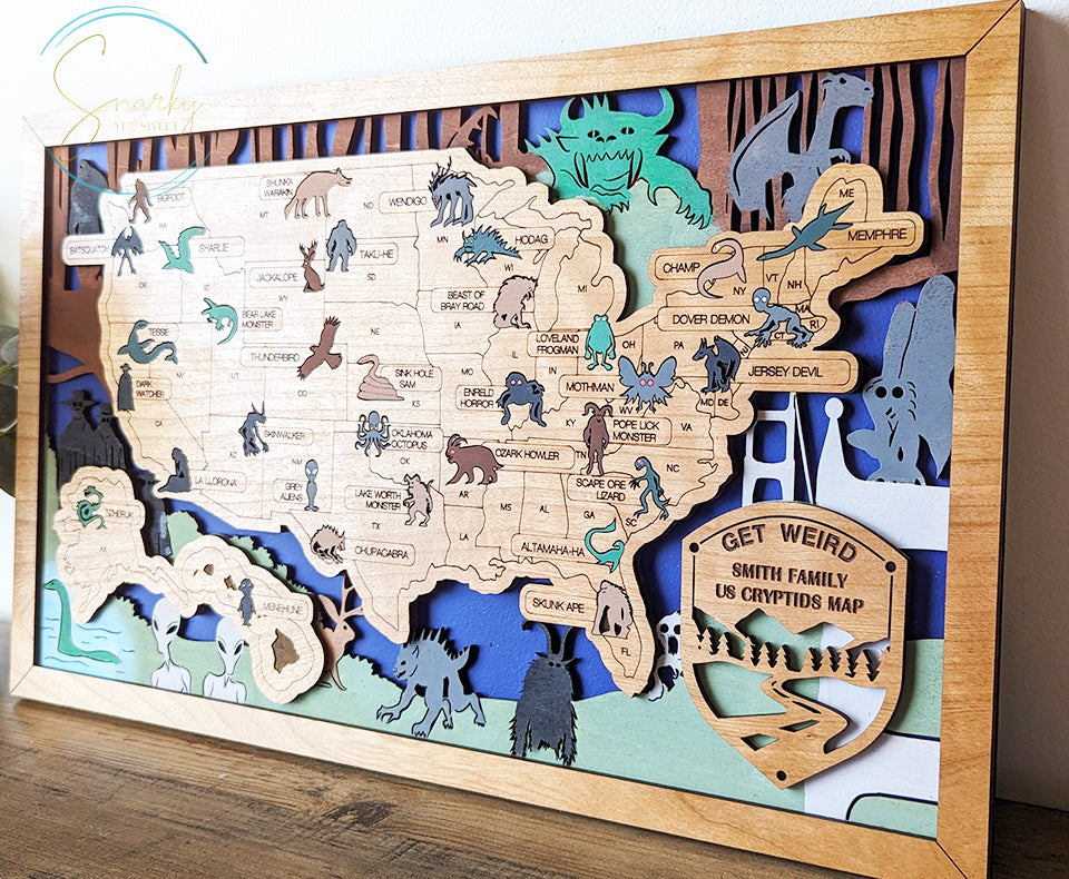 Cryptids travel map, cryptids gifts, mothman, bigfoot gifts, monsters, unique gift, cryptid fans, monsters in America