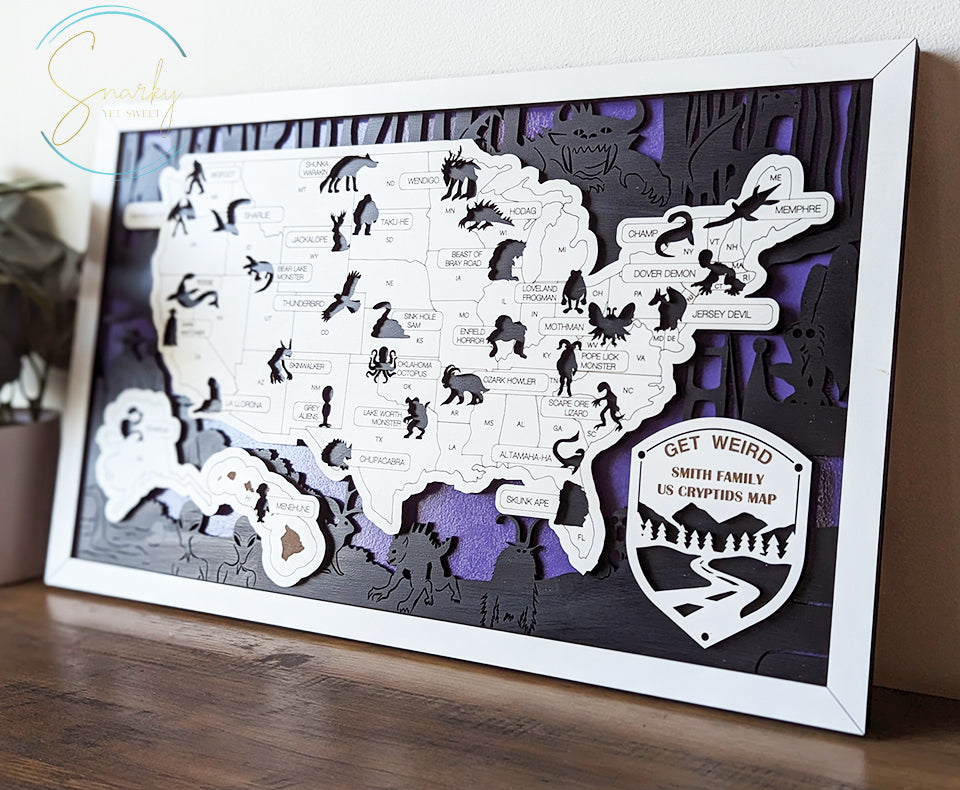 Cryptids travel map, cryptids gifts, mothman, bigfoot gifts, monsters, unique gift, cryptid fans, monsters in America