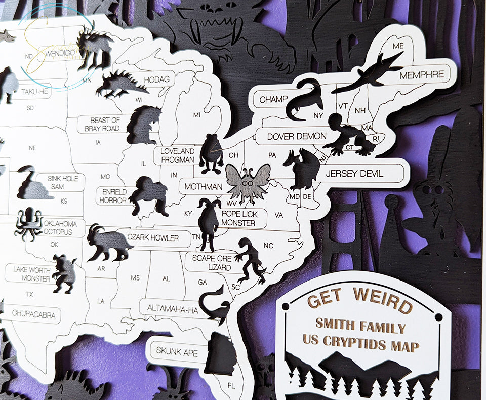 Cryptids travel map, cryptids gifts, mothman, bigfoot gifts, monsters, unique gift, cryptid fans, monsters in America