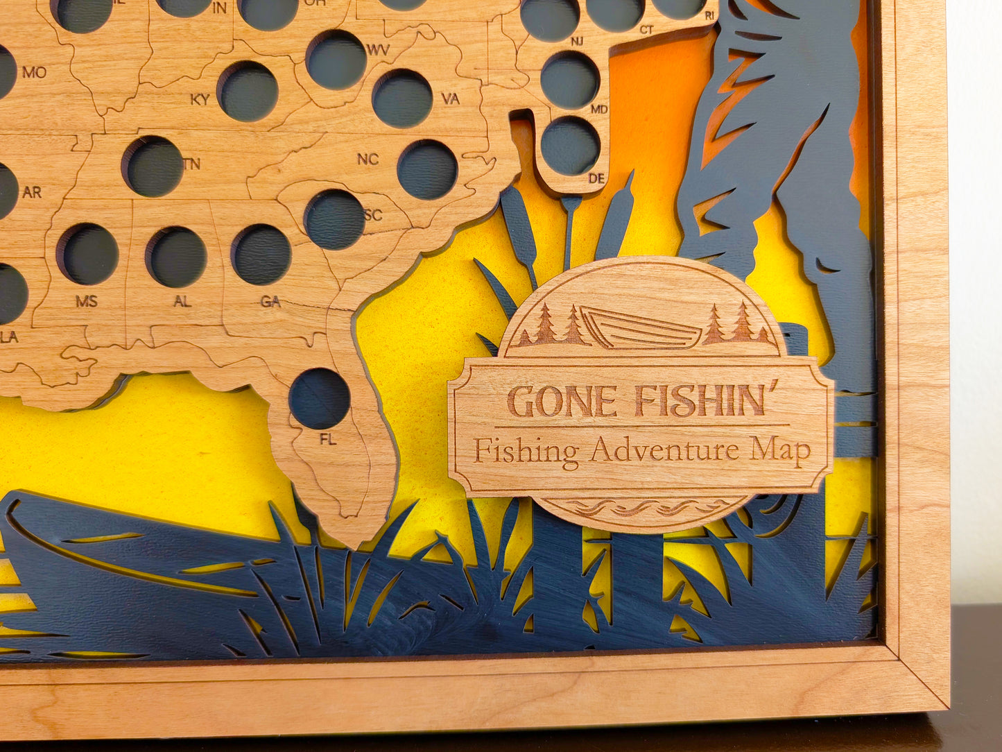 50 States Fishing Adventure Map | Wooden Fishing Travel Tracker