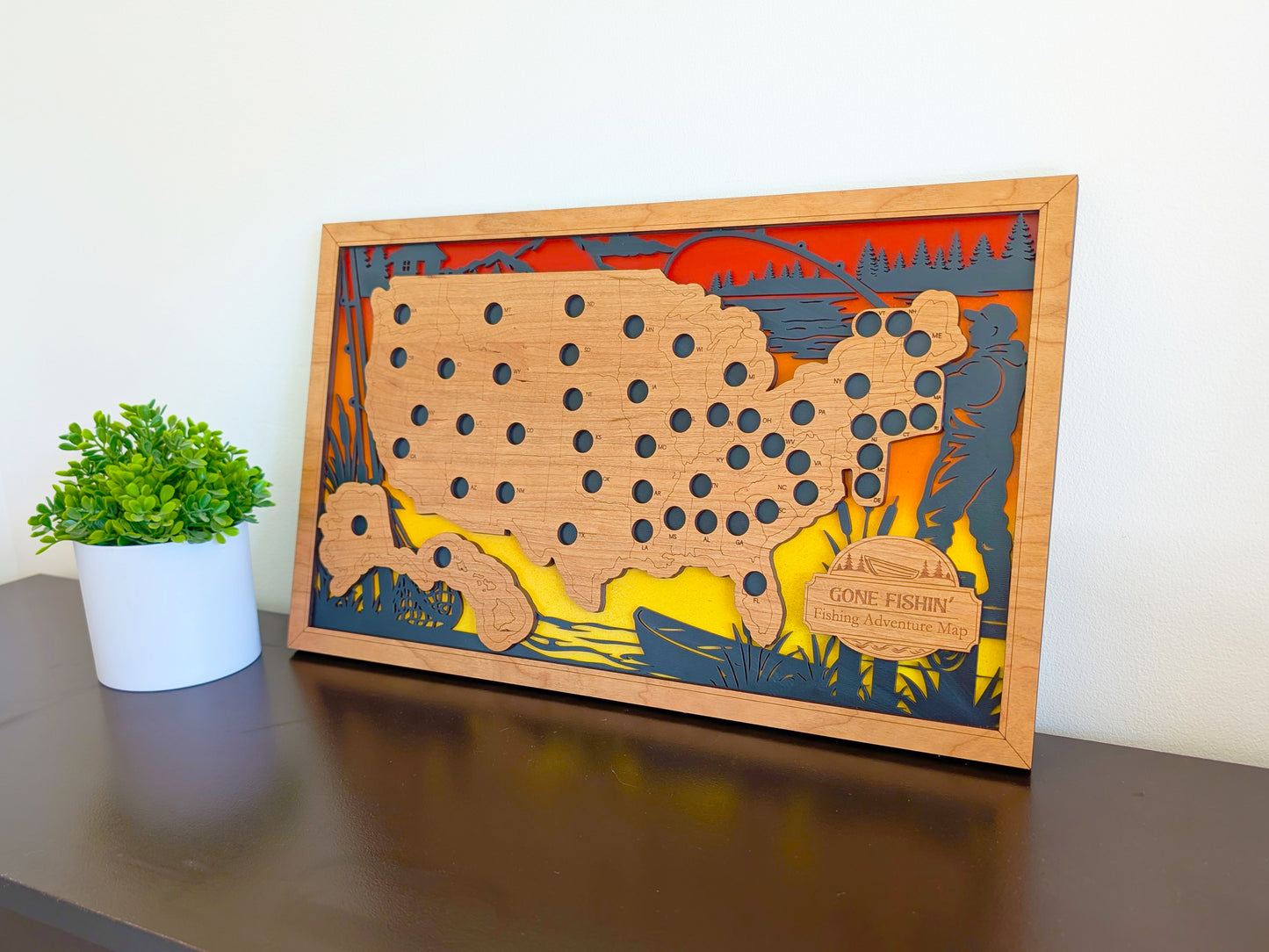 50 States Fishing Adventure Map | Wooden Fishing Travel Tracker