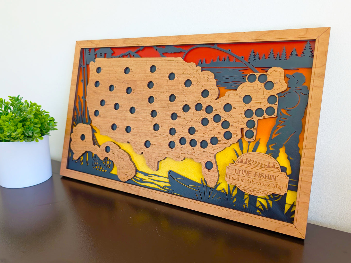 50 States Fishing Adventure Map | Wooden Fishing Travel Tracker
