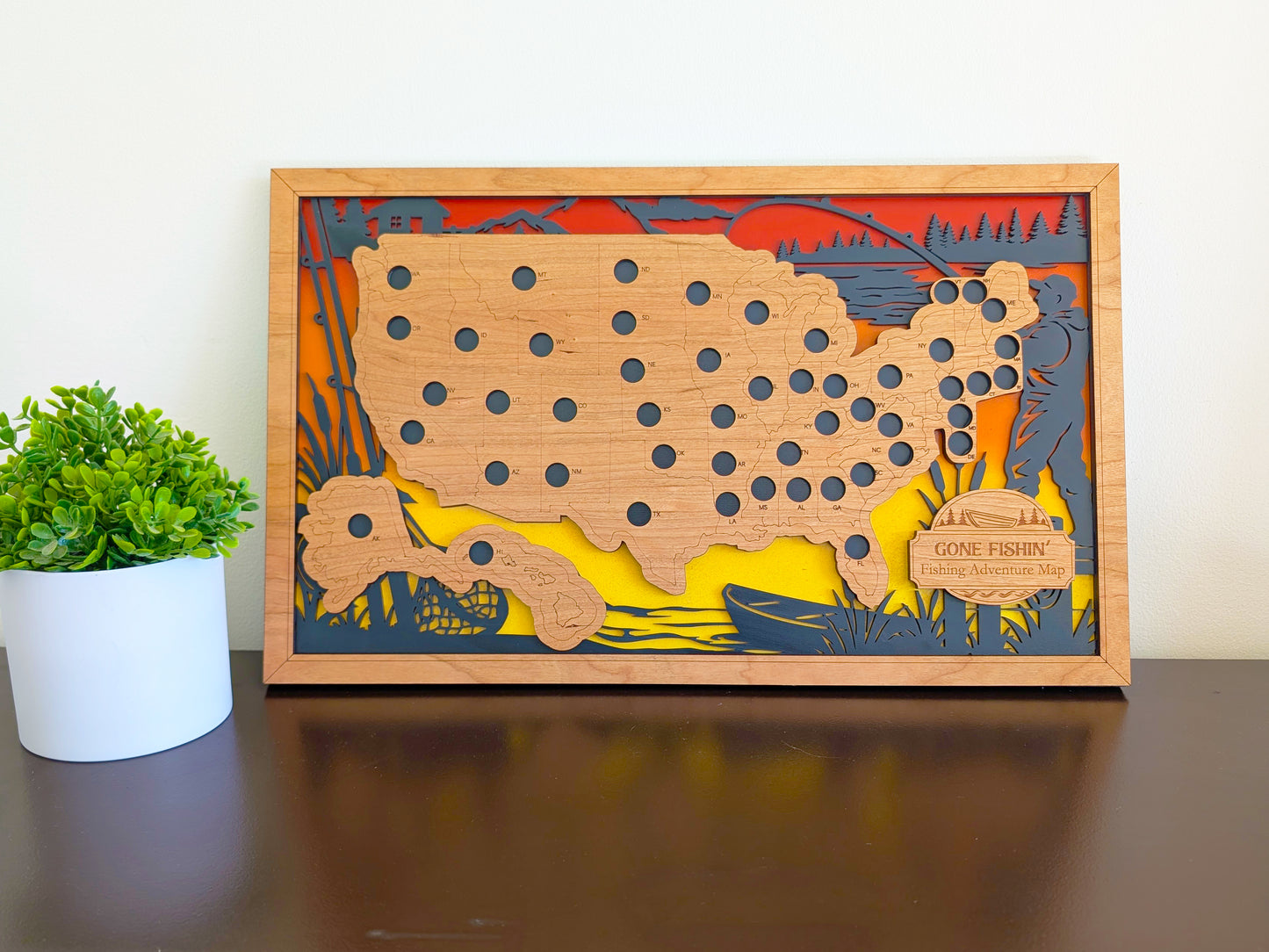 50 States Fishing Adventure Map | Wooden Fishing Travel Tracker