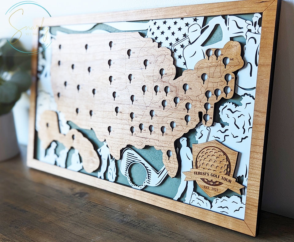 Golf course travel map, golf map, fifty states of golf , travel map, travel home decor, gift for golfer, gifts for dad