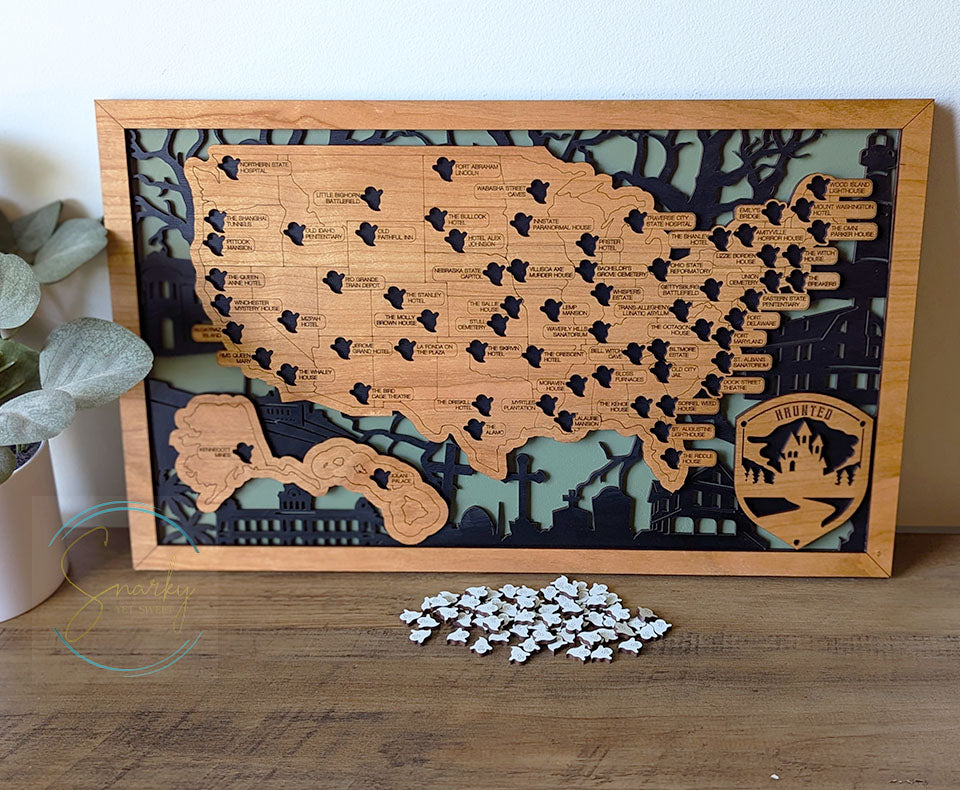 Haunted travel map, ghost tour map, wood travel map, spooky locations map, haunted bucket list, gift for fans of scary things, Halloween map