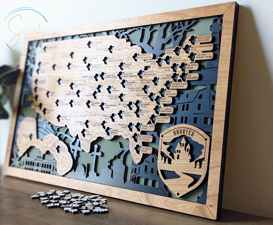 Haunted travel map, ghost tour map, wood travel map, spooky locations map, haunted bucket list, gift for fans of scary things, Halloween map
