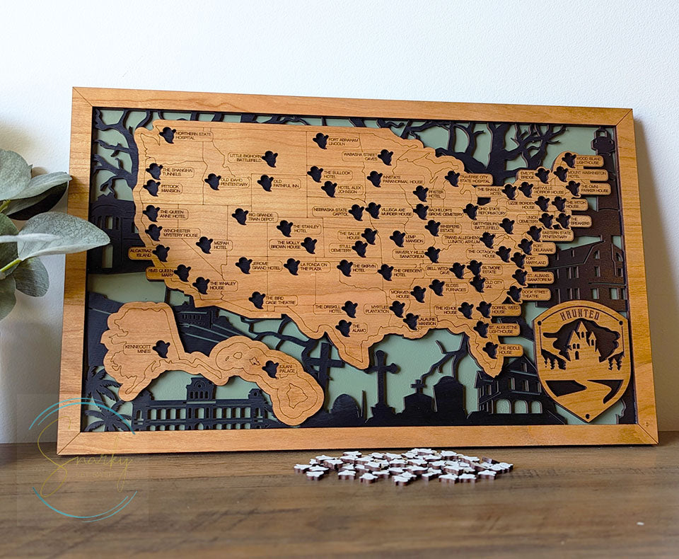 Haunted travel map, ghost tour map, wood travel map, spooky locations map, haunted bucket list, gift for fans of scary things, Halloween map