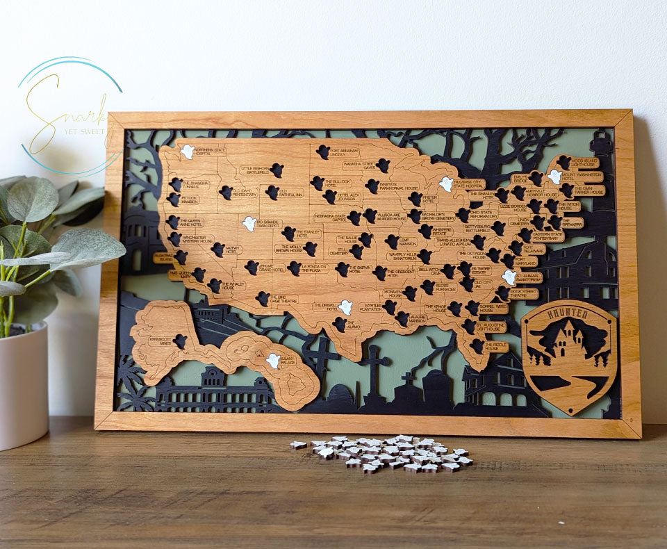 Haunted travel map, ghost tour map, wood travel map, spooky locations map, haunted bucket list, gift for fans of scary things, Halloween map