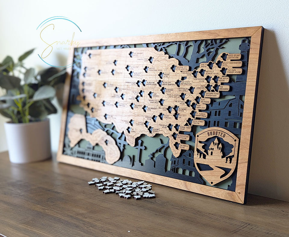 Haunted travel map, ghost tour map, wood travel map, spooky locations map, haunted bucket list, gift for fans of scary things, Halloween map