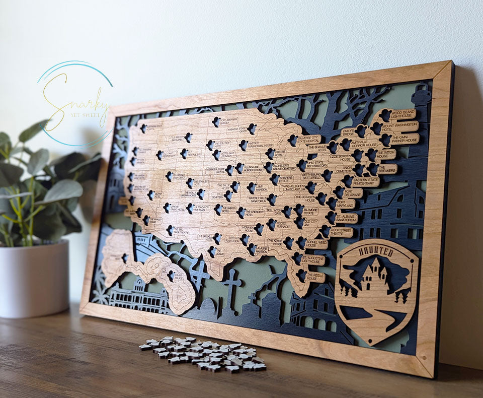 Haunted travel map, ghost tour map, wood travel map, spooky locations map, haunted bucket list, gift for fans of scary things, Halloween map