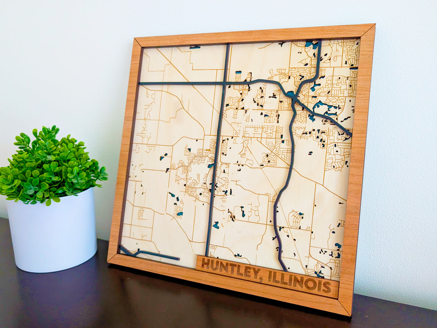 Huntley City Map Wall Art | Detailed Downtown Streets | Layered Wood Map