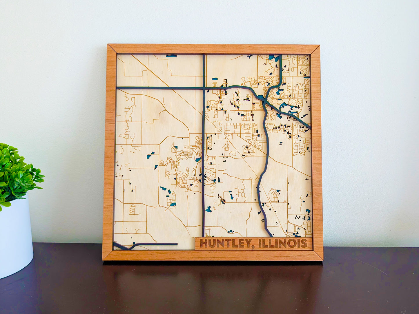 Huntley City Map Wall Art | Detailed Downtown Streets | Layered Wood Map