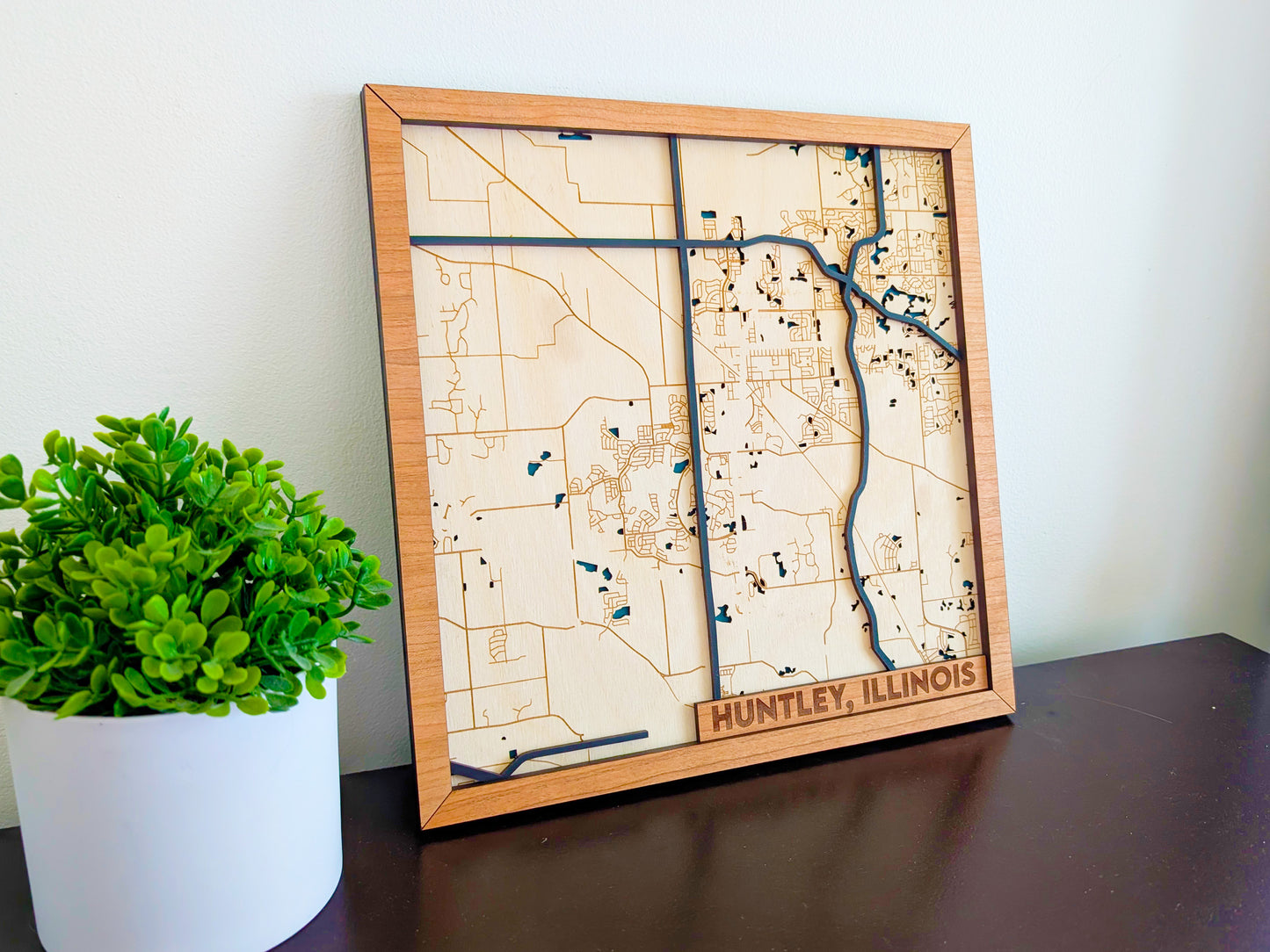 Huntley City Map Wall Art | Detailed Downtown Streets | Layered Wood Map
