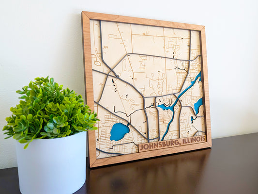 Johnsburg City Map Wall Art | Detailed Downtown Streets | Layered Wood Map