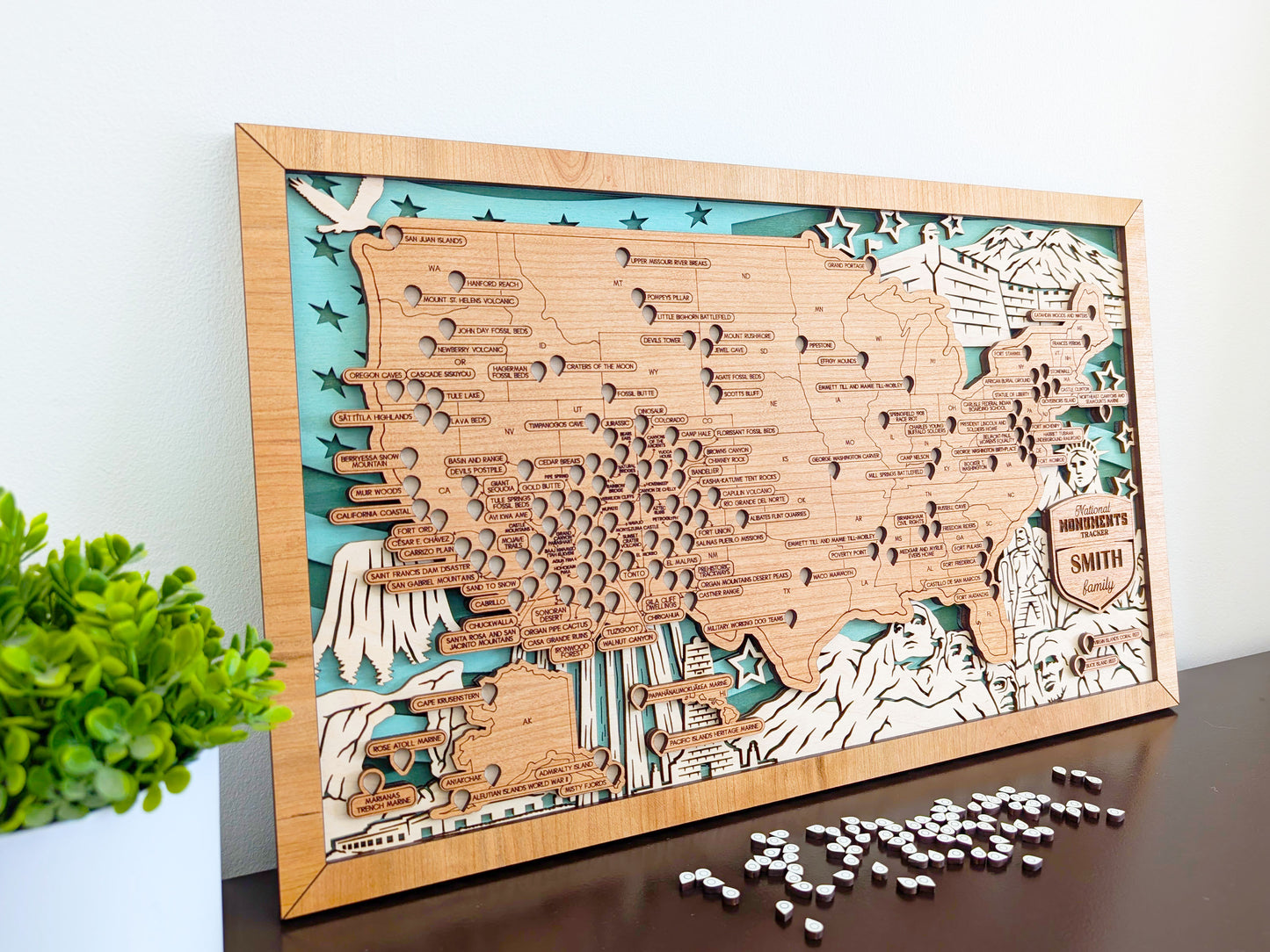 National Monuments Map, US Travel Map, family road trip tracker, hiking gifts personalized, camping map tracker, historic sites map, history