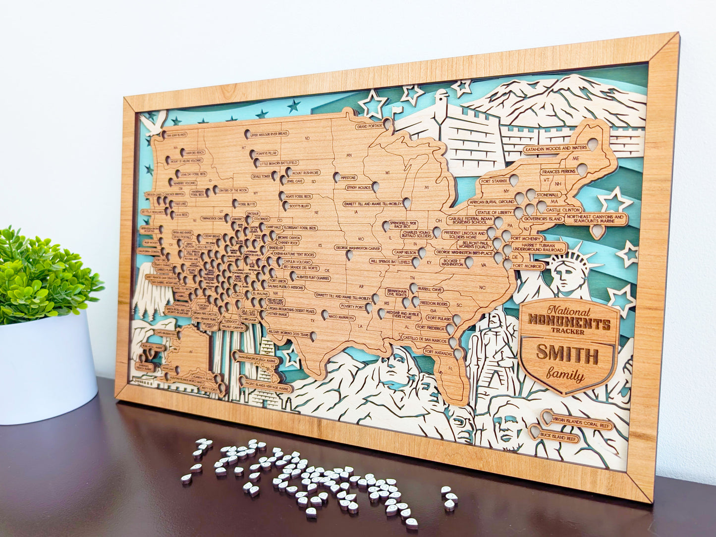 National Monuments Map, US Travel Map, family road trip tracker, hiking gifts personalized, camping map tracker, historic sites map, history