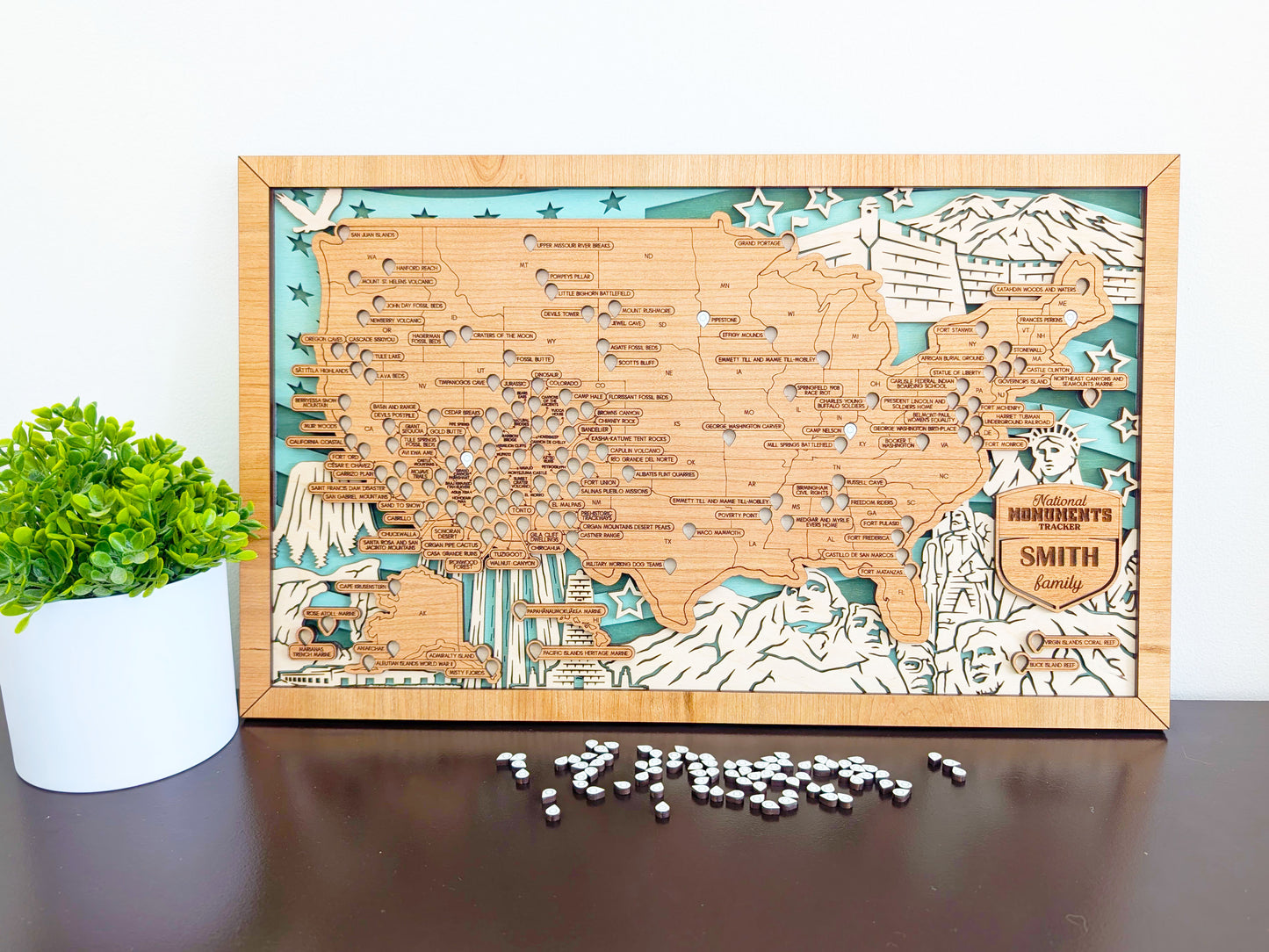 National Monuments Map, US Travel Map, family road trip tracker, hiking gifts personalized, camping map tracker, historic sites map, history